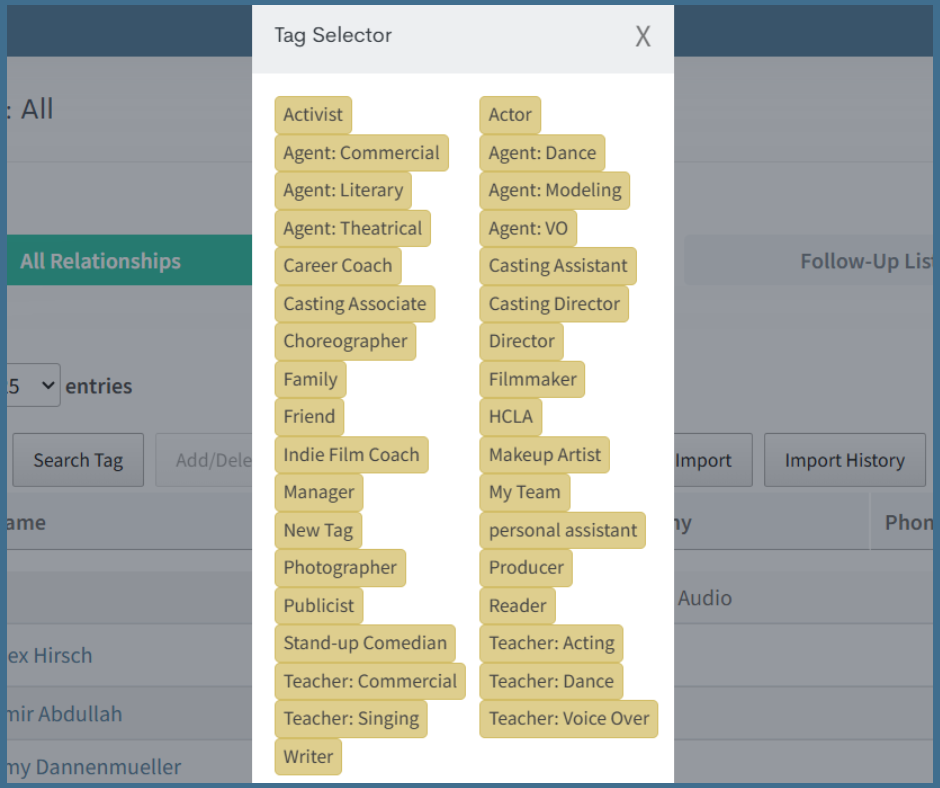 TAO contact tag organization screen