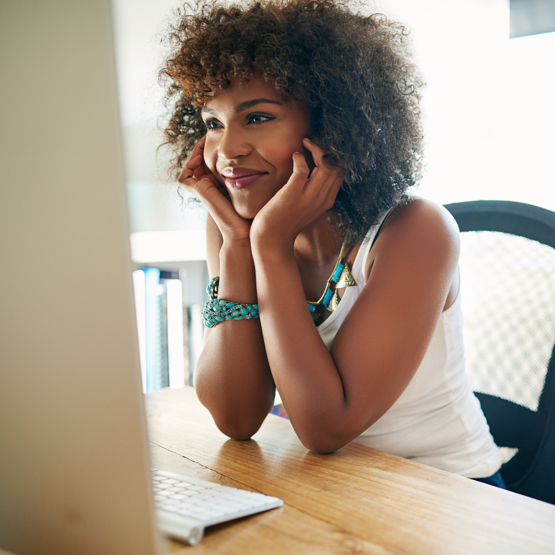 Actor confidently managing her career from her computer